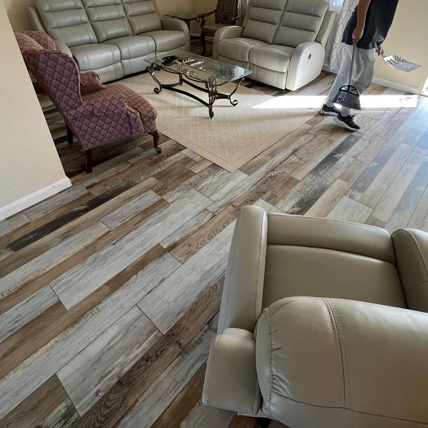 Multi-tone engineered wood in a furnished living area